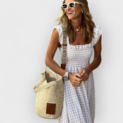 Isla™ – Plaid Maxi Dress with Ruffle Sleeves