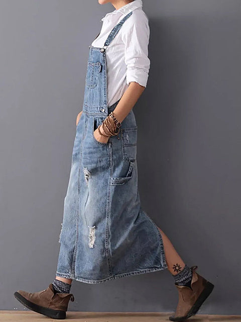 Sophie™ - Denim Dungaree Dress with Back Split