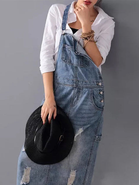 Sophie™ - Denim Dungaree Dress with Back Split