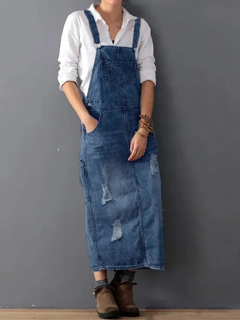 Sophie™ - Denim Dungaree Dress with Back Split