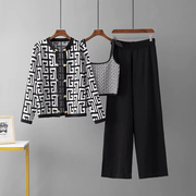 Avery™ - Chic Retro Maze Plaid O-Collar 3-Piece Suit