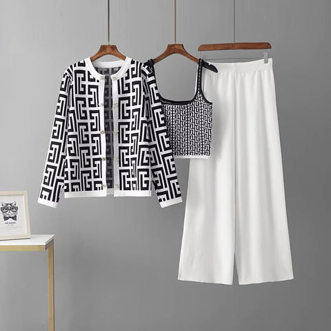 Avery™ - Chic Retro Maze Plaid O-Collar 3-Piece Suit