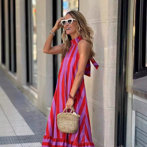 Addison™ - Chic Bold Stripe Halter Neck Maxi Dress