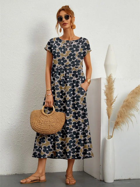 Emily™ - Chic O-neck Printed Dress with Pockets
