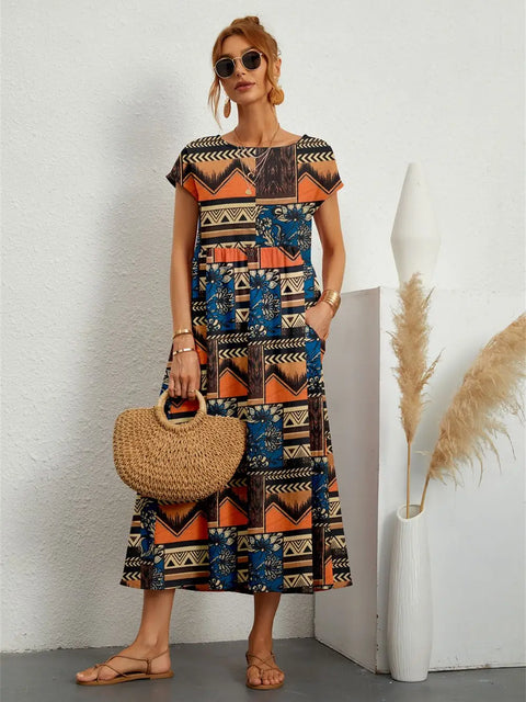 Emily™ - Chic O-neck Printed Dress with Pockets