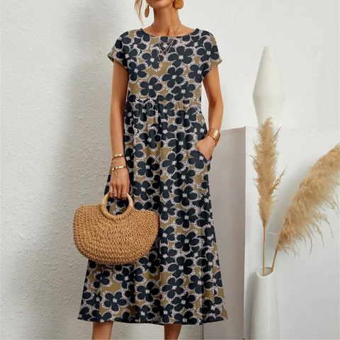 Emily™ - Chic O-neck Printed Dress with Pockets