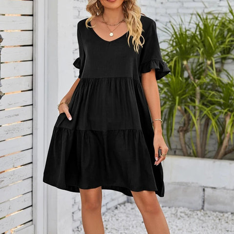 Emily™ - V-Neck Flounce Sleeve Tiered Dress
