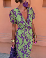 Lila™ - Chic Deep V-neck Dress with Leaf Design