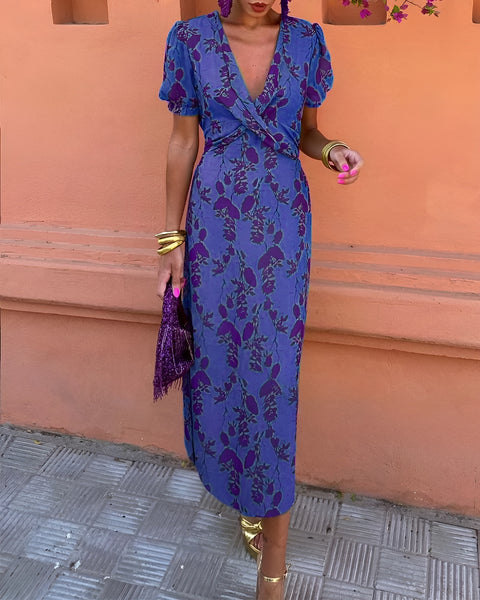 Lila™ - Chic Deep V-neck Dress with Leaf Design